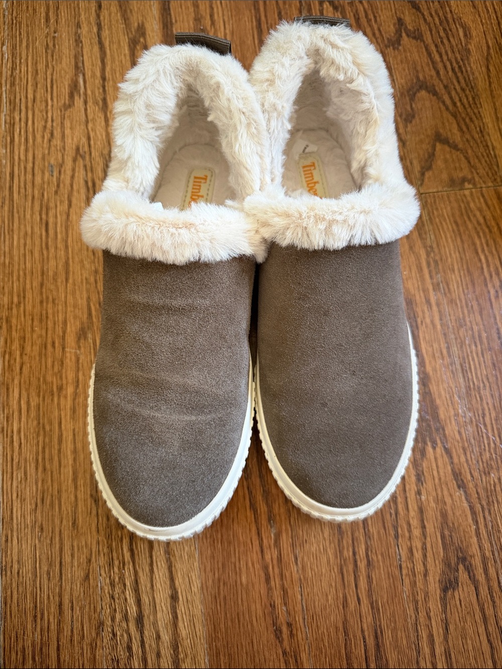 Timberland Women's Taupe Suede Faux-Fur Lined Slip-Ons